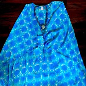 NWOT- Teal Blue White Semi-sheer Kaftan Swimsuit Cover-up OS